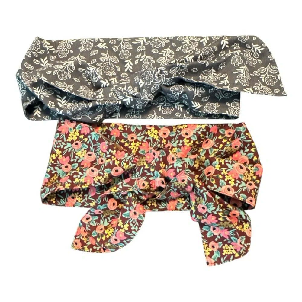 Earth Magic Grey Floral/Blue Floral Set/2 Wide Hair Tie Retro Headband Bow Wrap
